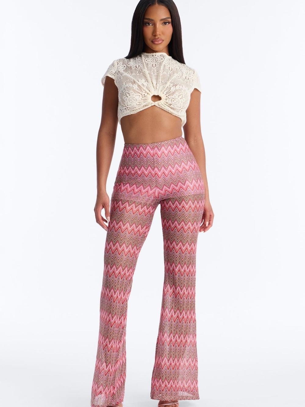 Fashion Nova Knit Crochet Twist-Front Crop Top - Cream